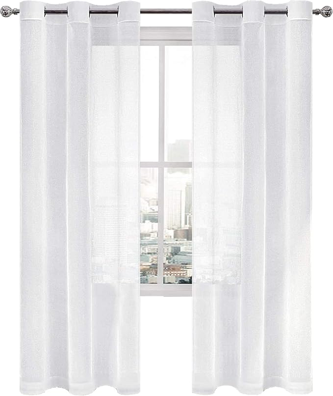 DWCN White Faux Linen Sheer Curtains - Grommet Voile Window Curtain Drapes for Bedroom Living Room 42 x 84 inch Length, Set of 2