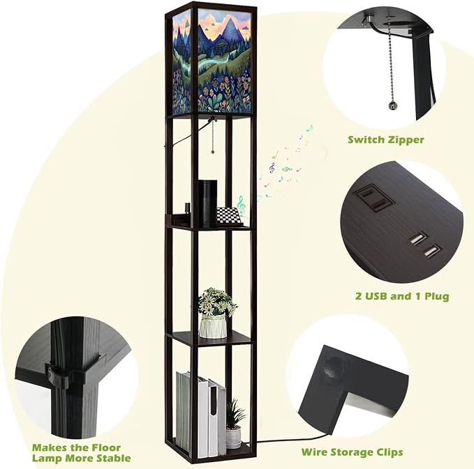 Floor Lamp with Shelves Luxuriant Forest Floral Patterns Artful Woodcut Print Standing Tall Lamp USB Ports & Power Outlet Modern Corner Lamp Nightstand Light for Living Room Bedroom