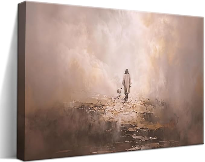 Jesus Leaves the 99 Sheep Wall Art, Christian Jesus and Lamb Canvas Wall Decor Paintings, Religious The Lost Sheep Prints Artwork Pictures for Living Room Bedroom Church Prayer 16x24 Inch Fraemd