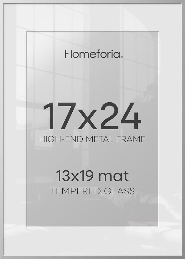 Homeforia 17x24 Silver Picture Frame, High-End Metal, 13x19 Mat, Glass
