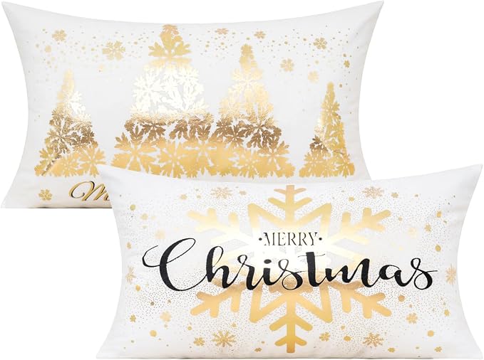 All Smiles 12X20 Lumbar Christmas Throw Pillow Covers Cases Set of 2 White Gold Xmas Decorations Winter Navidad Indoor Home Holiday Décor Ornaments Velvet Cushion for Sofa Tree Snowflake Reindeer