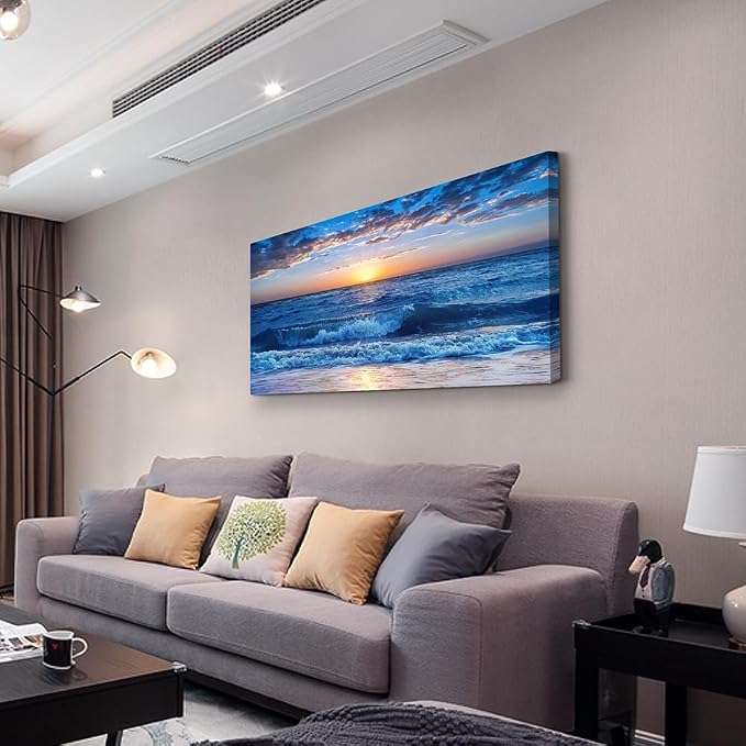 Wapluam Large Canvas Wall Art - Modern Decor for Living Room, Bedroom, Office - Ocean Beach Scene - Blue Sea View - Framed Prints - 24" x 48"
