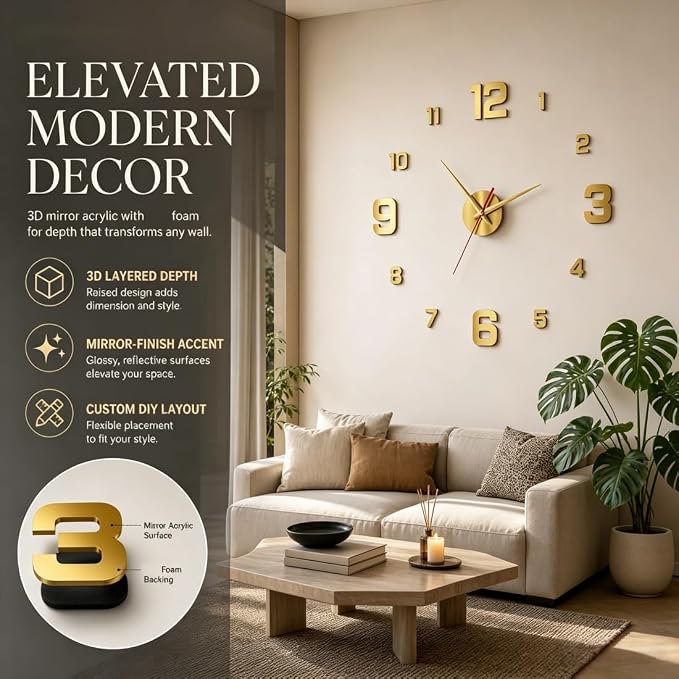 3D DIY Luminous Acrylic Wall Clock Set, Minimalist wall Clocks Simple, Drill-Free Minimalist Glow in Dark Digital Clock for Bedroom Living Room Office (Luminous, (50cm-19.6in))