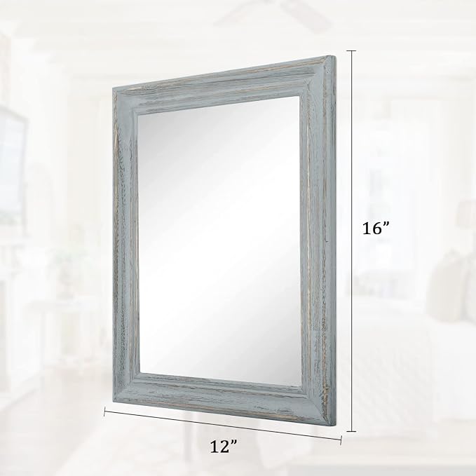 Wooden Mirror Rectangle Rustic Hanging Mirror Farmhouse Modern Bathroom Bedroom Wall Mirror Decor Grey Retro Grey 16inchx12inch