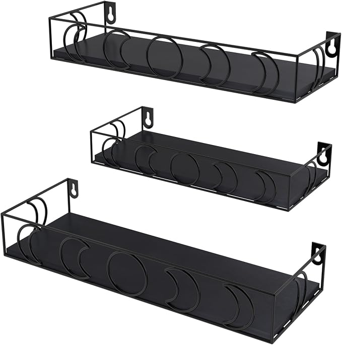 PHAREGE Moon Phase Floating Shelves Black Set of 3