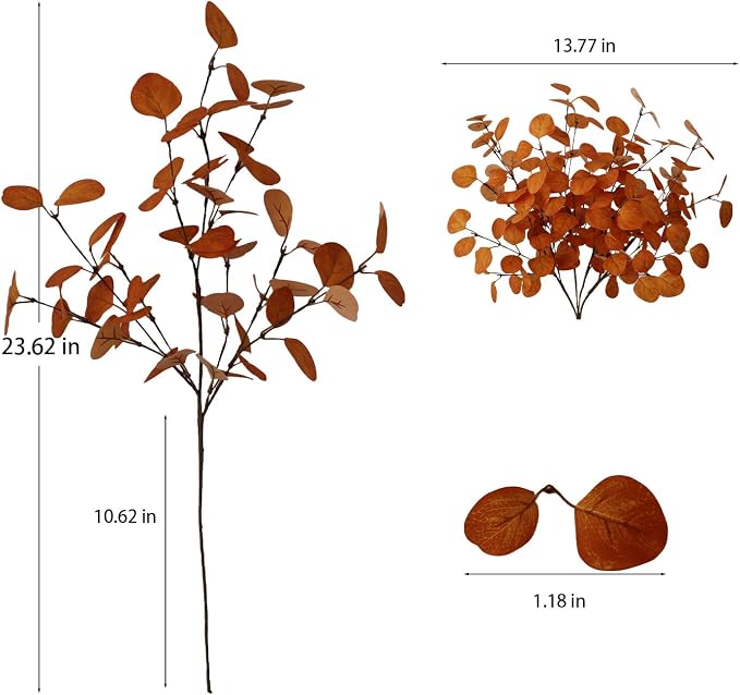 4PCS Burnt Orange Faux Eucalyptus Stems | Burnt orange leaves, bendable stems, rustic centerpiece, Thanksgiving and fall decor