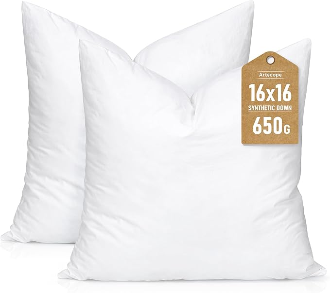 Artscope Synthetic Down Pillow Insert, 16x16 Throw Pillow Inserts Set of 2 | Down Alternative Ultra Soft Fluffy Sleeping Pillow, 100% Cotton Cover, Decorative Pillows-White