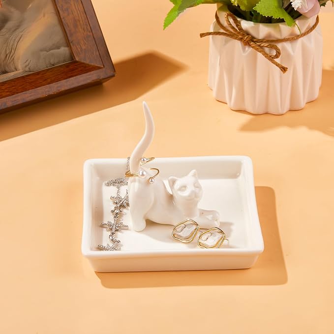 PUDDING CABIN Cat Mom Gifts for Women, Cat Ring Holder for Jewelry, Jewelry Tray Dish Rings Bracelets Earrings Trinket Tray, Gifts for Cats Lovers Mother's Day Birthday Christmas Wedding
