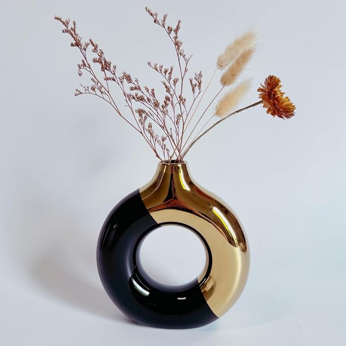 White and Gold Donut Vase, Modern Ceramic Vase for Pampas Grass, Perfect Centerpiece for Weddings, Living Room, and Office Decor (Black Gold, S)