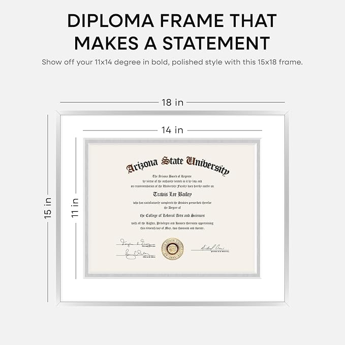 Homeforia 15x18 Silver Diploma Frame, High-End Metal, 11x14 Mat, Glass
