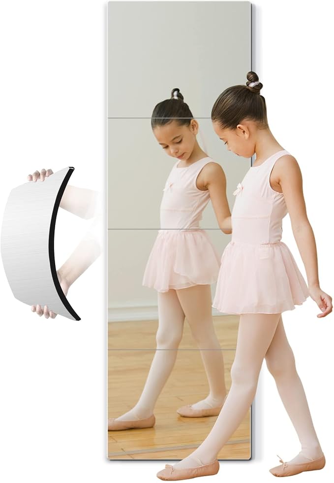 quegau Full Length Safety Shatterproof Mirror for Kids, Plastic Wall Mirror Made of Acrylic Plexiglass, 4 Pcs 16" x16", Long Bedroom Door Closet Mirror for Home Gym Body Workout