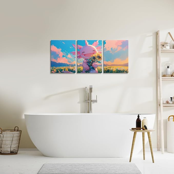Feelyou Kids Cute Axolotl Picture Wall Decor Ocean Sealife Canvas Wall Art Living Room Bedroom Girls Kawaii Cartoon Animal Wall Painting Posters and Prints Sunflower Bathroom Wall Art 12"x16"x 3Pcs