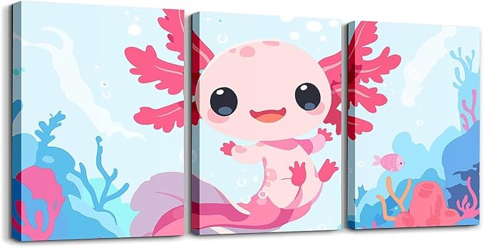 Feelyou Boys Girls Cute Axolotl Picture Wall Decor Ocean Sealife Canvas Wall Art for Bedroom Kids Cartoon Salamander Wall Painting Posters and Prints Kawaii Teens Wall Art Room Decor 12"x16"x 3Pcs
