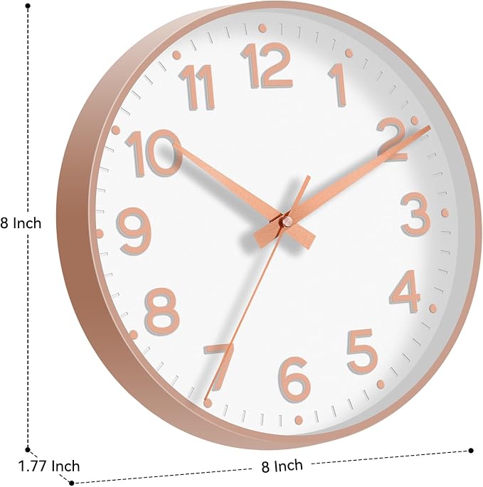 Roymnie 8 Inch Wall Clock, Battery Operated Silent Non Ticking Analog | White Rose Gold modern analog; large 3D easy-read dial for kitchen, office, bathroom & bedroom; 1 AA battery (not included)