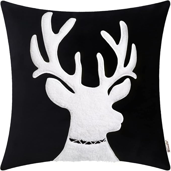 BRAWARM Christmas Pillow Cover 18 X 18 Inches, Black Reindeer Embroidered Pillow Cover, Soft Velvet Decorative Throw Pillow for Couch Bed Sofa Living Room Home