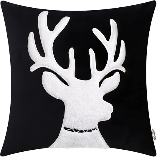 BRAWARM Christmas Pillow Cover 18 X 18 Inches, Black Reindeer Embroidered Pillow Cover, Soft Velvet Decorative Throw Pillow for Couch Bed Sofa Living Room Home