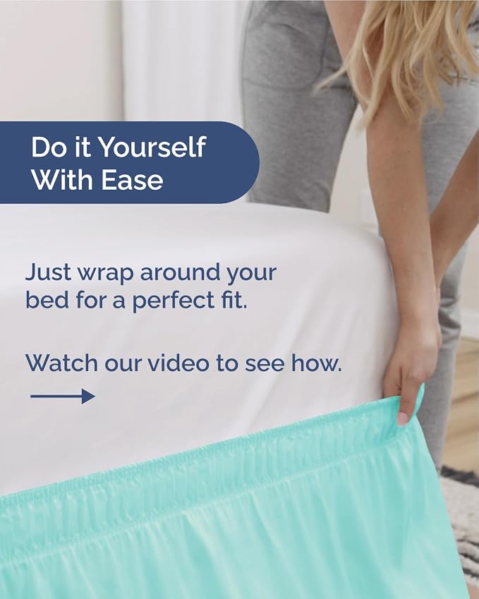 Wrap Around Dust Ruffle Bed Skirt - Spa Blue - for Queen Size Beds w/ 16 Inch Drop - Easy Fit Elastic Strap - Adjustable Pleated Bedskirt w/Brushed Fabric - Wrinkle Free - Women, Men, Kids & Teens