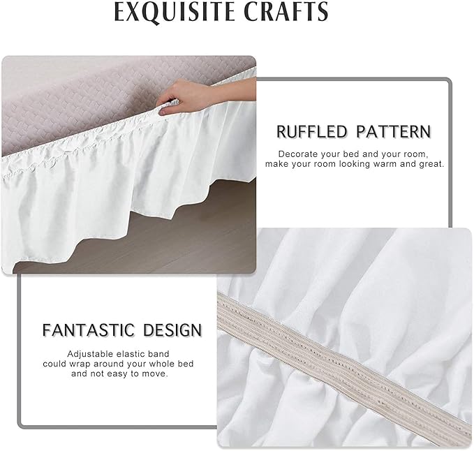 MEILA Wrap Around Elastic Bed Skirt for Twin & Full Beds, 14" Drop, White | Three-Side Adjustable Elastic Dust Ruffle, Ruffled Polyester Fabric, Easy to Install, Fade Resistant & Machine Washable