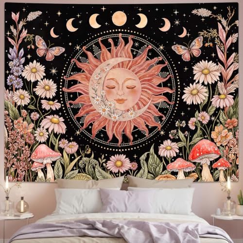 Accnicc Vintage Sun and Moon Boho Hippie Floral Tapestry 60x44 Inch