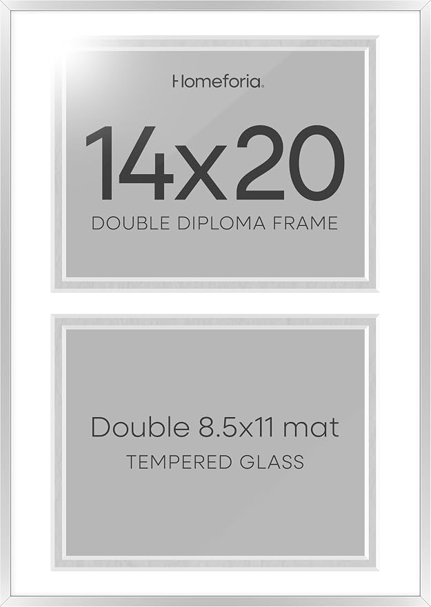Homeforia 14x20 Silver Diploma Frame, High-End Metal, 8.5x11 Mat, Glass