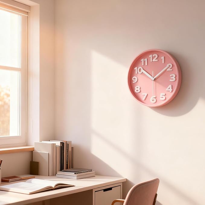 JENLYSTIME 8 Inch Vibrant Pink Modern Wall Clock – Silent Non-Ticking, Bold 3D Numbers, Precise Quartz Movement | Decorative Desk & Wall Clock with Stand for Home, Kitchen, Bedroom, or Office