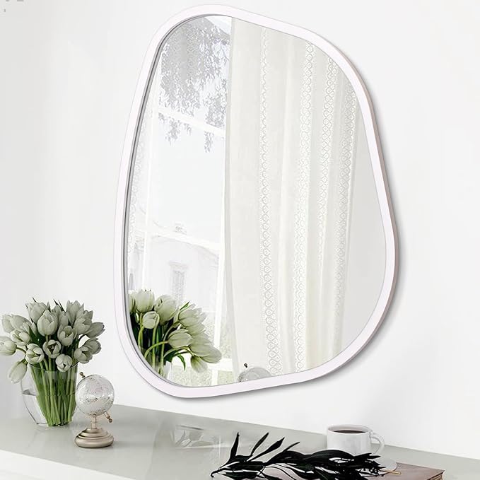 Asymmetrical Mirror Irregular Oval Wall Mirror Modern Wood Frame Unique Shape Wall Mounted Vanity Artistic Mirror Decorative for Living Room Bedroom Bathroom Entryway 16"x12"