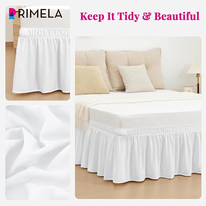 Bright White Bed Skirt King Size 15" Drop, Elastic Wrap Around Bedskirt | Solid Ruffled, Easy to Use, No Mattress Lifting, Wrinkle & Fade Resistant, with Adhesive Strips, Machine Wash/Dry/Iron