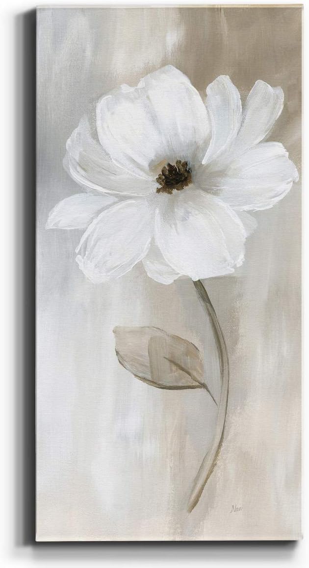 Renditions Gallery Canvas Floral Wall Art Modern Decorations Paintings Elegant White Rose Romantic Botanical Canvas Glam Wall Hanging Artwork for Bedroom Office Kitchen - 8"x16" LT43