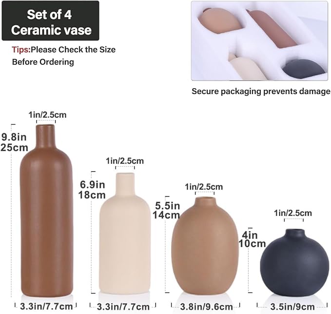 Ceramic Vase Set of 4, Neutral Flower Vase Home Decor, Rustic Modern Farmhouse Decor Pottery Vases for Bedroom,Living Room,Bookshelf Decoration, Centerpiece Table Decor,Boho Decor