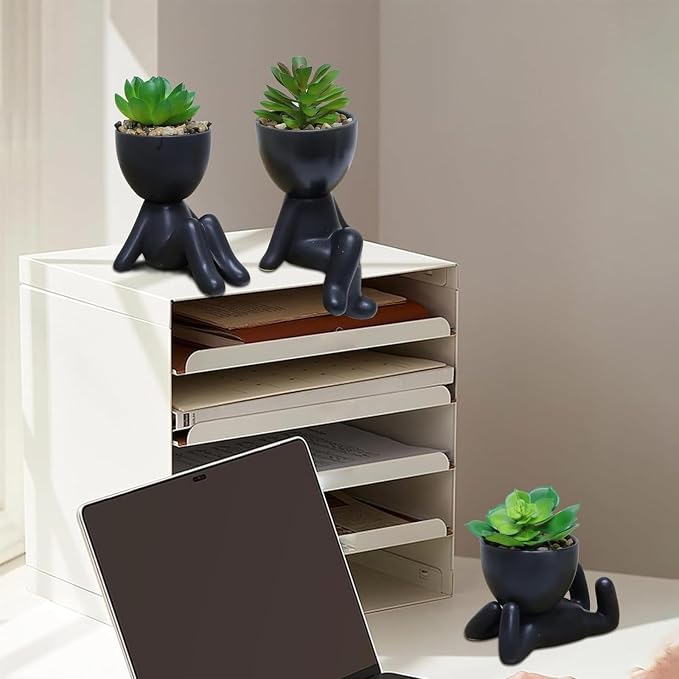Zerzsy 3 PCS Cute Artificial Succulent Plants with Creative Ceramics Human Shaped Pots, Mini Potted Plants Black Bathroom Fakeplants, Faux Succulent Desk Decor for Home Office Shelf Decor