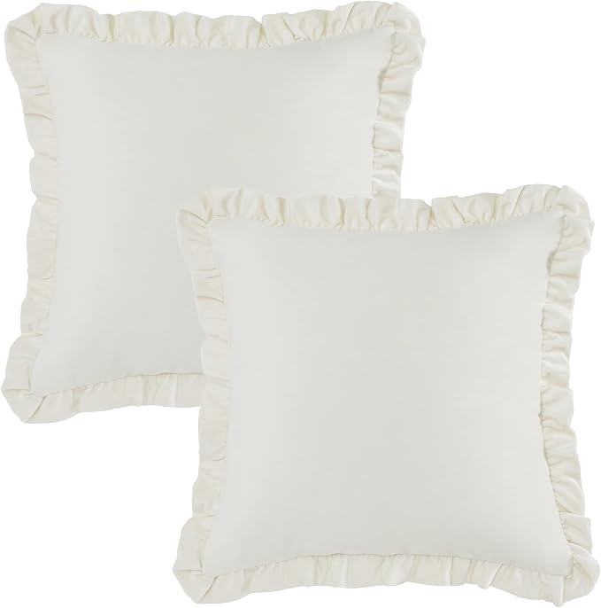 GIGIZAZA Velvet Cream 18x18 Pillow Covers, Set of 2 Decorative Ruffle Ivory Cushoin Pillow Covers for Sofa Couch