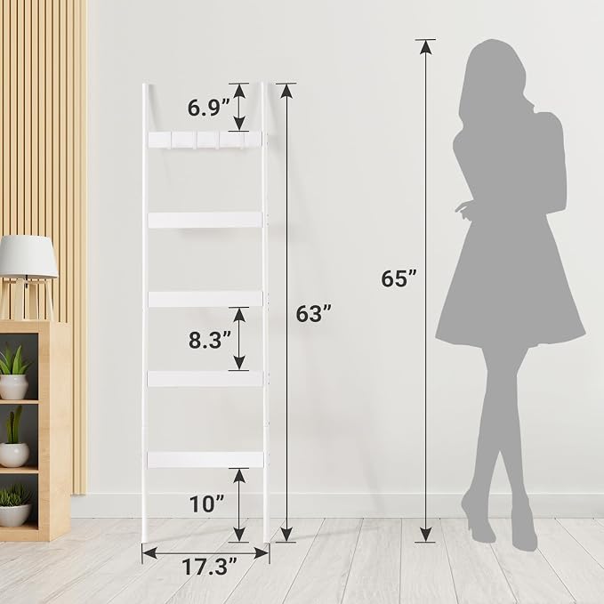 ELYKEN Blanket Ladder, 5-Tier Towel Rack, Wall-Leaning Quilt Holder | Farmhouse Wood Display Stand with 4 Hooks, Decorative Rack Shelf for Living Room, BedRoom, Bathroom, White