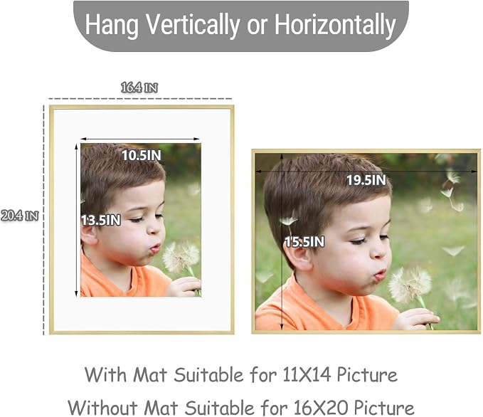 Frametory 2 Pack 16x20 Aluminum Frame with Mat for 11x14 Photo, Gold