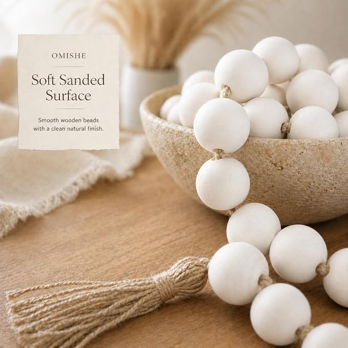 OMISHE 76" Long Extra Large Wood Bead Garland with 1.6" Diameter Wooden Beads and Tassels, Rustic Farmhouse Country Decorative Beads for Home Tiered Tray Decor, White