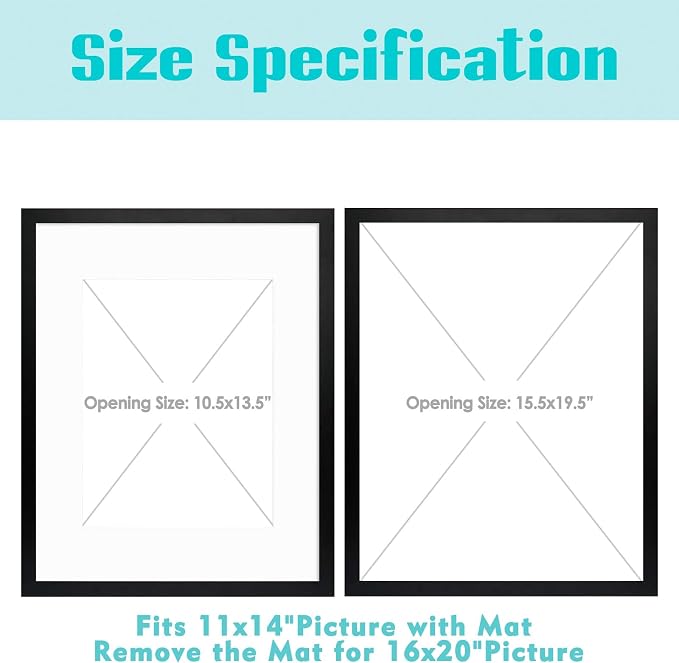 Frametory 2 Pack 16x20 Black Picture Frame with Real Glass Mat for 11x14