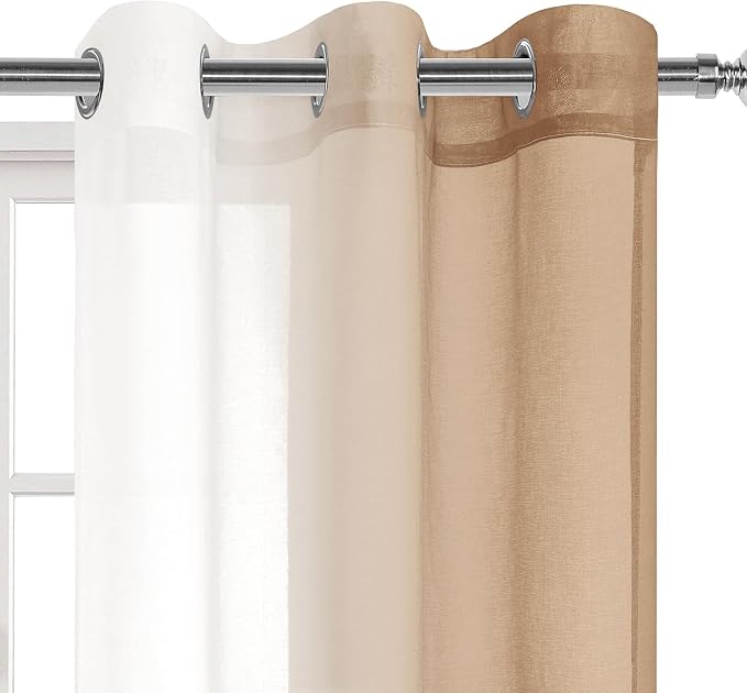 DWCN Taupe Ombre Sheer Curtains - 84 inches Long Faux Linen Gradient Semi Voile Curtains for Bedroom and Living Room, Set of 2 Grommet Top Window Curtain Panels, 42 x 84 Inches Long, Taupe