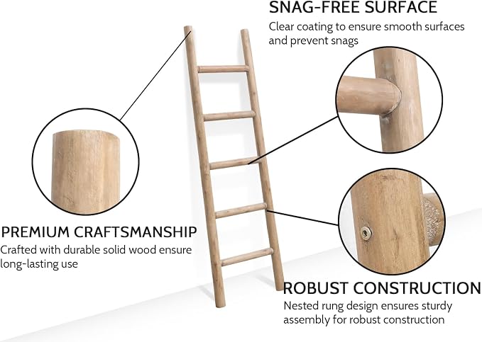 SwallowLiving Blanket Ladder, 57in Rustic Solid Wood Decor Rack | Farmhouse living room accent, Towel and quilt display, Visible wood grain, Easy assembly