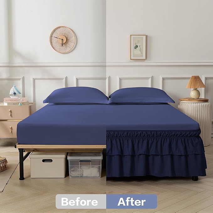 Double-Layered Ruffled Bed Skirt,Navy,Full/Queen, 14" Drop | Wrap Around, Adjustable Elastic, 2 Layer, Machine Washable Soft Fabric, Multi Ruffle Bedskirt