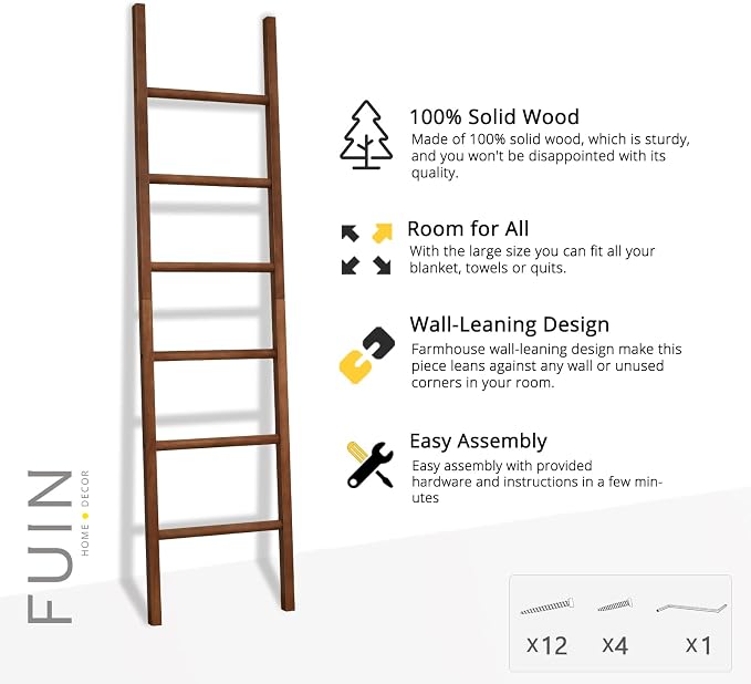 FUIN Blanket Ladder, 6ft Rustic Solid Wood Rectangle Decor Rack, Brown | 6 rungs, farmhouse quilt display holder, organize towel and clothing, leaning wall, decorative living room and bathroom