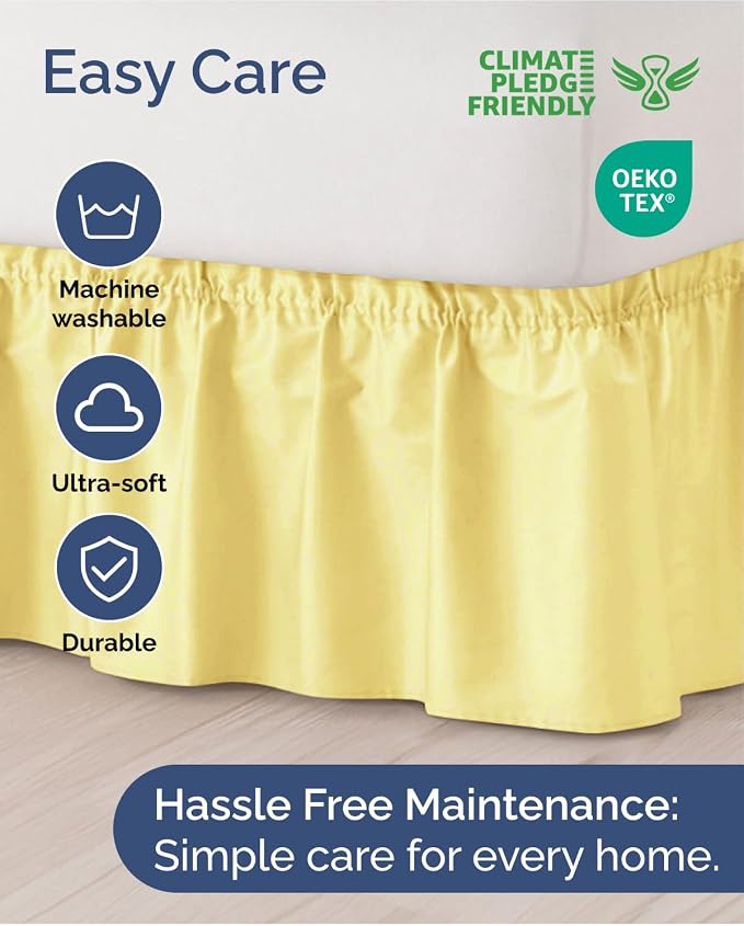 Wrap Around Dust Ruffle Bed Skirt, King Size Beds - 18 Inch Drop, Yellow | Easy Fit Elastic Strap, Adjustable Pleated Bedskirt w/Brushed Fabric, Wrinkle & Fade Free, for Women, Men, Kids & Teens