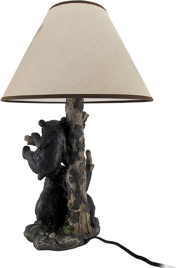 Zeckos Black Bear Family Table Lamp W/Tree Bark Print Shade Western Décor
