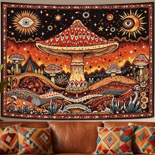 Neasow Hippie Mushroom Tapestry, Mystic Sun Moon Eye Wall Hanging, Aesthetic Boho Nature Orange Decor for Bedroom Dorm Living Room, 44x60 inches