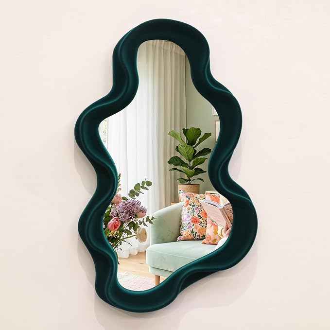 Emerald Green Wavy Wall Mirror Decor for Hallway Entryway, Irregular Cloud-Shaped Small Decorative Mirrors for Home Office Living Room, Modern Hanging Wall Art for Christmas Wedding Gift