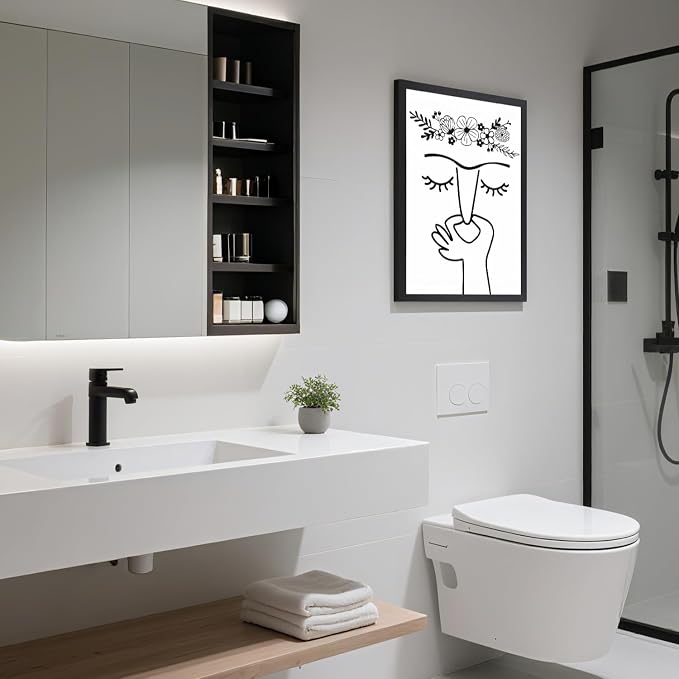 LLEEMPI Funny Pinching Nose Floral Bathroom Wall Art,16x24 Framed Print | Black and white minimalist line art with playful bathroom humor for restroom, office or hallway; a unique housewarming gift.