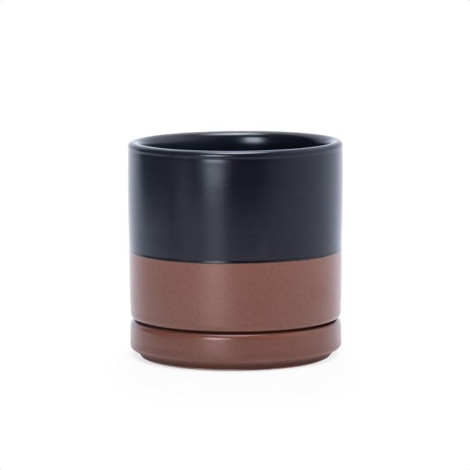 D'vine Dev 3.5 Inch Ceramic Planter Pot, Black/Tan, 94-O-A-7 | Modern Cylinder Design, Drainage Hole & Saucer Included, Stable Structure, Elegant Home Accent