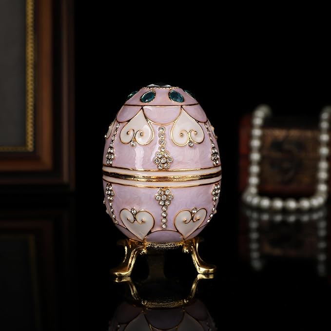 QIFU Hand Painted Pink Easter Egg Style Enamel Trinket Box Hinged, Unique Gift for Family