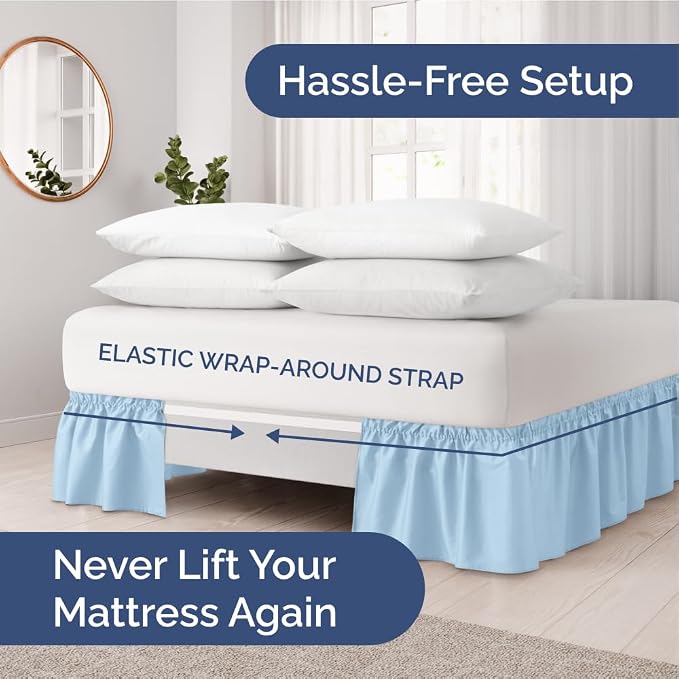 Wrap Around Dust Ruffle Bed Skirt, King Size - 18 Inch Drop, Light Blue | Easy Fit Elastic Strap, Adjustable Pleated Bedskirt w/Brushed Fabric, Wrinkle & Fade Free, for Women, Men, Kids & Teens