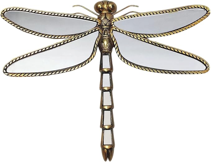 Golden Dragonfly Wall Mirror, Vintage Resin Dragonfly Mirror Wall Decor | Decorative Dragonfly Mirror Wall Sculpture, Insect Mirror Wall Decor, Wall Mounted Decor for Living Room Bedroom and Entryway