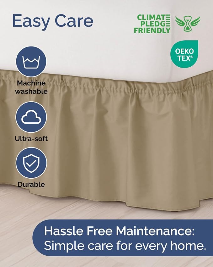 Wrap Around Dust Ruffle Bed Skirt, King Size Beds - 21 Inch Drop, Beige | Easy Fit Elastic Strap, Adjustable Pleated Bedskirt w/Brushed Fabric, Wrinkle & Fade Free, for Women, Men, Kids & Teens