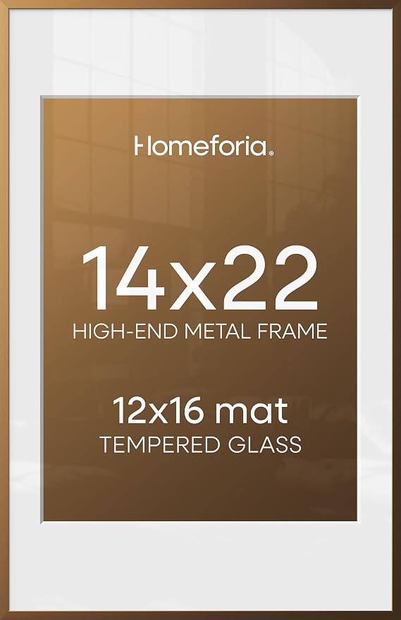 Homeforia 14x22 Bronze Picture Frame, High-End Metal, 12x16 Mat, Glass